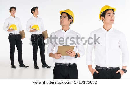 A young Asian man wearing a white shirt stood on a white background. The studio had a helmet and file. Bring 4 pictures together in which he works as an engineer in a company
