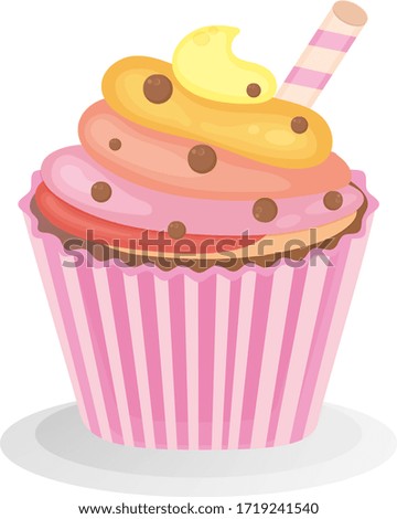 Sweet cupcake.  Isolated on white background.  Muffin icon. Yummy dessert decorated. For design menu, cafe decoration,  greeting cards. Vector illustration