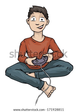 Boy Playing Video Computer Game Holding Controller, vector illustration