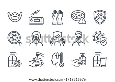 Virus and coronavirus related line icon set. Covid-19 prevention linear icons. Medical mask and Covid test outline vector signs and symbols collection. Royalty-Free Stock Photo #1719315676