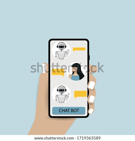 Chatbot concept. Women chatting with chat bot on smartphone. User talk with bot in messenger. Vector illustration.