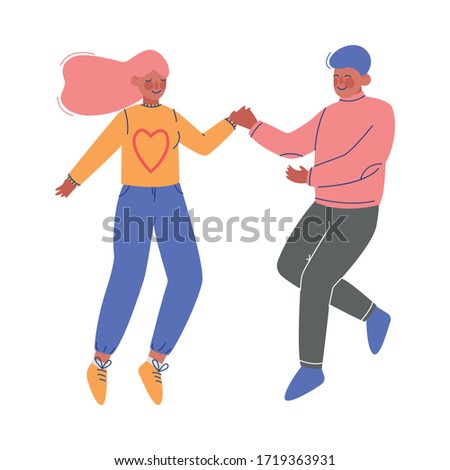 Happy Couple, Young Man and Woman Happily Jumping Holding Hands Vector Illustration