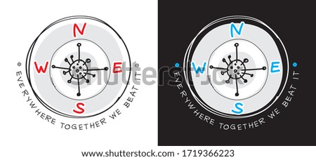 Covid-19 virus in compass concept. With Everywhere together we beat it text in hand writing. Cartoon Style. Vector illustration.