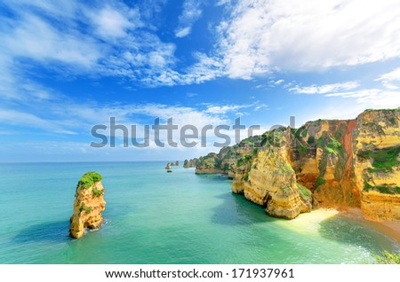 Idyllic beach landscape at Lagos, Algarve, (Portugal) Royalty-Free Stock Photo #171937961