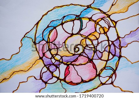 Abstract neurographic drawing with markers and colored pencils. Colorful neurography