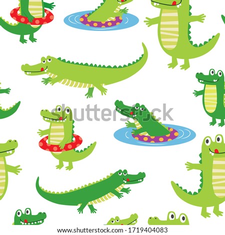 Seamless cute Crocodile character sets on white background, vector illustration