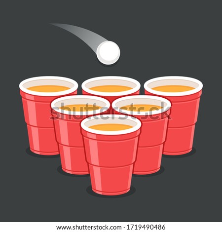 Red Beer Pong plastic cups with ball. Traditional drinking game vector illustration.