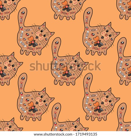 Scketh at yellow, beige and black colors. Bright background with different elements for the design of banners, posters. Sketch. Endless. Vector. Seamless pattern with hand drawn cats. Ink doodle.