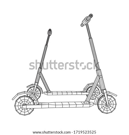 Roller scooter balance kick push bike. Eco alternative city transport. Wireframe low poly mesh vector illustration.