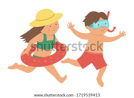 Vector kids running to the sea. Children doing beach activity. Cute boy and girl with diving mask, snorkel and inflatable ring. Fun summer illustration