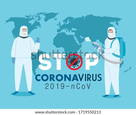 campaign of stop 2019 ncov with persons using biohazard suit vector illustration design