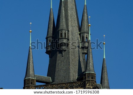 Tyn Church in Prague at Old Town square, Church of the Mother of God, Bohemia, Czech Republic, roof detail with balcony