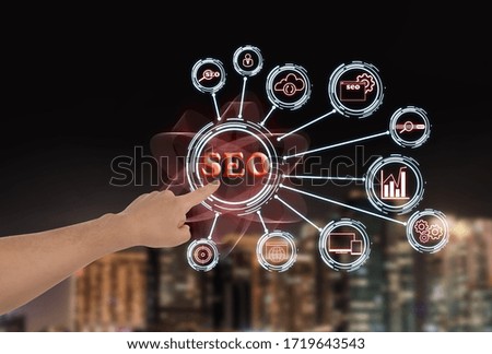 SEO directions with icons of keyword research, customization and others. Man using virtual screen, closeup