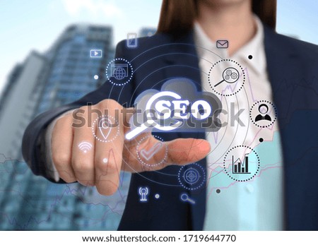 SEO directions with icons of keyword research, customization and others. Woman using virtual screen, closeup