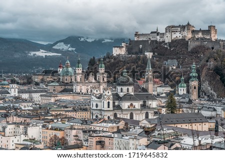 City skyline of Salzburg old town skyline with view of Hohensalzburg Fortress