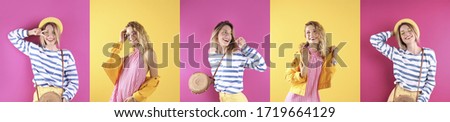 Collage of beautiful young woman posing on different color backgrounds. Banner design 