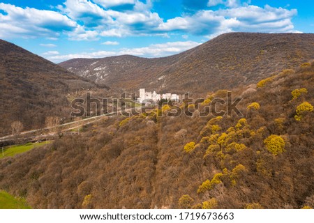 Manasija Monastery on a hill in Serbia. Drone photo