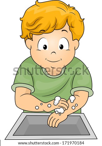 Illustration of a Little Boy Washing His Hands with Soap