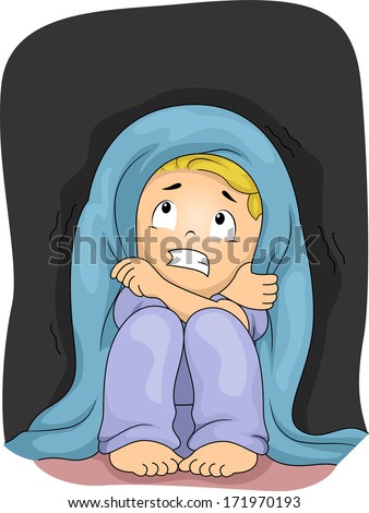 Illustration of a Little Boy Crouching in Fear of the Dark
