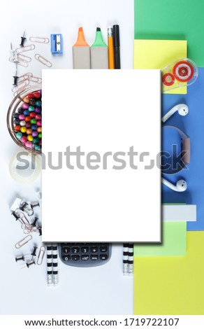 Back to school, office, college styled scene with multicoloured school stationary on  coloured background. School, office,  education, college conceptual background. School supplies mock up banner