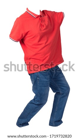 men's orange  t-shirt with button-down collars and blue jeans isolated on white background.casual clothing