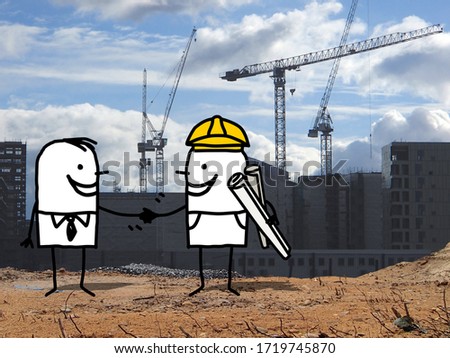 hand drawn Cartoon smiling foreman and businessman,handshaking on a construction site photo