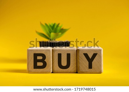 BUY - conceptual text on wooden cubes on a bright background and a black pot with a flower behind