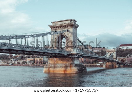 Chain bridge on the Danube river in Budapest, Hungary  Royalty-Free Stock Photo #1719763969