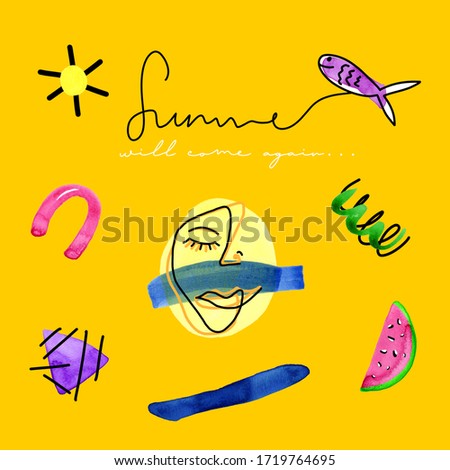 Hand Painting Abstract Watercolor Summer Concept Geometric Shapes Face Doodle Drawing Design Materials T Shirt Pattern Isolated Background with Hand Writing Summer will come again Slogan