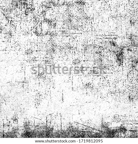 Grunge background black and white. Pattern of scratches, chips, scuffs. Abstract monochrome worn texture. Old dirty surface. Vintage vector clipart Royalty-Free Stock Photo #1719812095