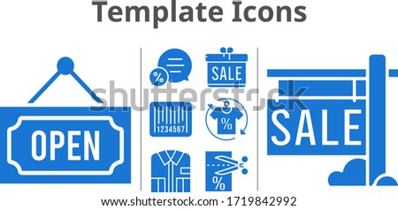 template icons set. included gift, sale, shirt, chat, voucher, barcode, open icons. filled styles.