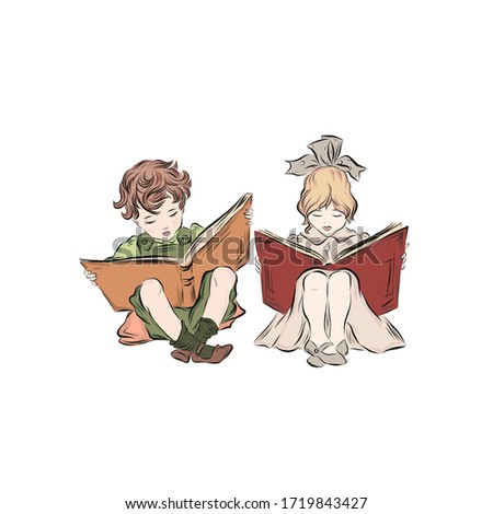 Little boy and girl read books sitting on the floor