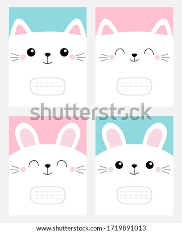 Notebook cover Composition book template. Pet baby print. White cat rabbit bunny head face square icon set. Cute cartoon kawaii funny character. Valentines Day. Flat design Blue pink background