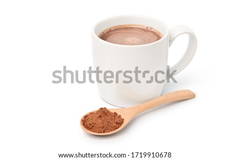 Hot Chocolate Malt Drink in white mug with Chocolate Malt powder in wooden spoon isolated on white background.