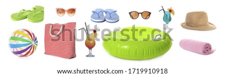Set of items needed in summer vacation on white background. Banner design Royalty-Free Stock Photo #1719910918