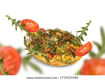 Traditional italian fresh baked pizza with copy space for design or text, ideal for restaurant menu or advertising. Colored background, steamy food.