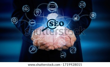 Man demonstrating directions of SEO. Icons of keyword research, customization and others