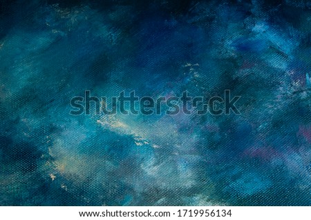 Dark and light blue oil painting background with white and purple spots. Atmospheric airy blurry fragment of picture. Trendy art concepts pattern.
