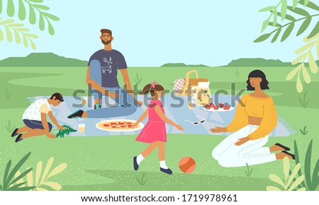 Family relaxing at a picnic in park. Mother and father playing with their childern on the lawn. Parents with kids having fun and eating food outside. Flat illustration with landscape view.