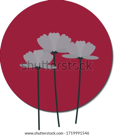 Minimalistic image of spring white flowers on a background of a red-pink circle. Simple beautiful plants consisting of figures. Decorative element, sticker or background for presentation, website or p