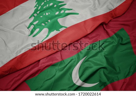 waving colorful flag of maldives and national flag of lebanon. macro