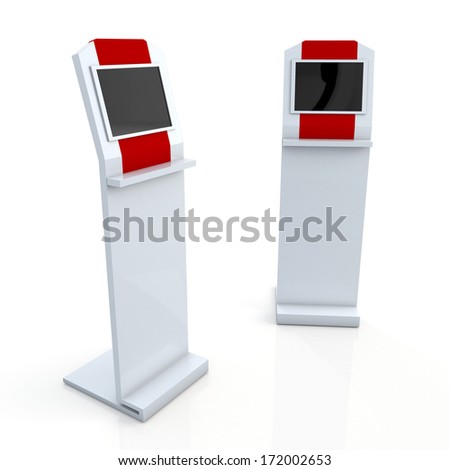 3d clean white and red stand display with monitor touch screen for data information in isolated background with clipping paths, work paths included 