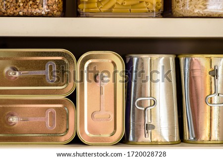 canned meat food cans stored on kitchen shelf