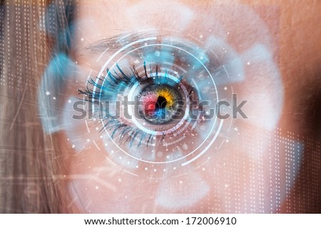 Future woman with cyber technology eye panel concept Royalty-Free Stock Photo #172006910