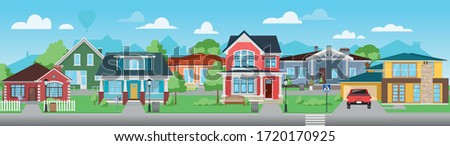 City houses, skyline view. Cute city concept horizontal banner flat vector illustration. Royalty-Free Stock Photo #1720170925
