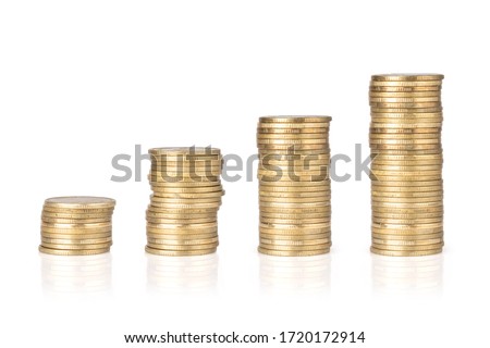 Gold coins stacked on a white background. Money saving concept Royalty-Free Stock Photo #1720172914