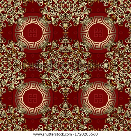 Lacy gold swirls vector seamless pattern. Ornamental floral background. Arabesque ethnic greek style repeat backdrop. Vintage  flowers. Golden lace swirl ornament. Greek key meanders round 3d mandalas