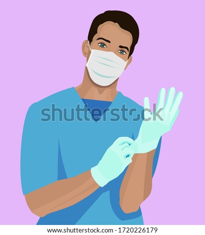 Doctor putting on gloves flat vector illustration. Professional surgeon in uniform. Medical exam, regular check, heart and brain surgery preparing