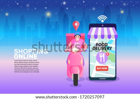 Man courier riding scooter with parcel box fast delivery. Night food delivery service by scooter with courier. mobile application tracking a delivery. city skyline in the night background.