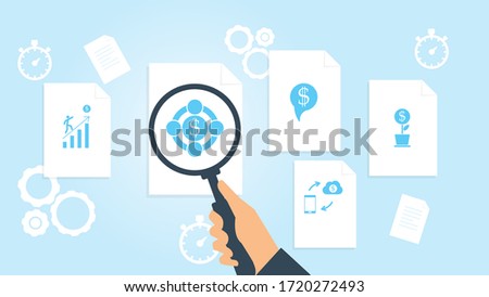 Business project, commercial file, document research vector illustrationDocument with search icons. File and magnifying glass. Analytics research sign. Vector Illustration